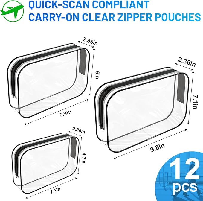 12 PCS Clear Makeup Bag for Women with Zipper, TSA Approved Toiletry Pouch, Cosmetic Bag Bulk for Travel Organizer Diaper, Toy, Gift (Black)
