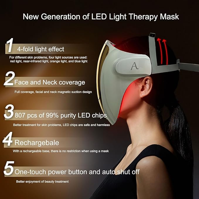 Led Face Mask Light Therapy, Halo Led Light Therapy Facial and Neck Skin Care Mask, Blue Light Red Light for Acne Wrinkle Reduce, New Generation Face and Neck Photon Mask