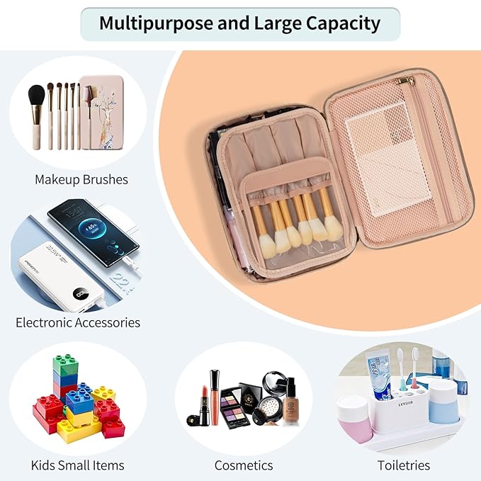 OCHEAL Makeup Bag, Cute Makeup Organizer Bag Potable Make up Bag for Toiletry Cosmetics Accessories with Divider and Brushes Compartments, Makeup Travel Case - Beige Apricot