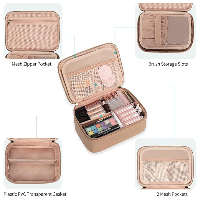 OCHEAL Makeup Bag, Cute Makeup Organizer Bag Potable Make up Bag for Toiletry Cosmetics Accessories with Divider and Brushes Compartments, Makeup Travel Case - Beige Apricot