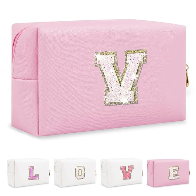 Small Personalized Initial A-Z Patch Makeup Bag,Pink Cute PU Leather Glitter Letter Cosmetic Bag for Teen Girls,Travel Toiletry Bag with Zipper,Preppy Monogrammed Birthday Gift for Daughter Niece V