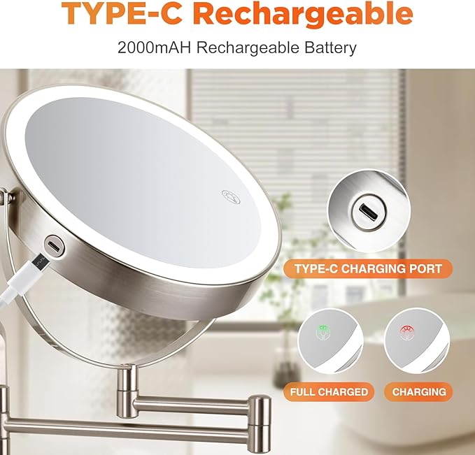 15x Wall Mounted Makeup Mirror, 8" Rechargeable Double-Sided Magnifying Mirror, 3 Color Lights for Makeup,365°Swivel for Shaving - Nickel