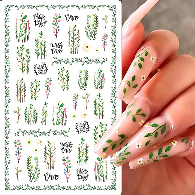 8 Sheets Butterfly Flower Nail Stickers Colorful Butterfly Nail Art Stickers 3D Self-Adhesive Floral Nail Decals for Nail Art Rose Green Leaf Cute Spring Design Nail Supplies for DIY Charms