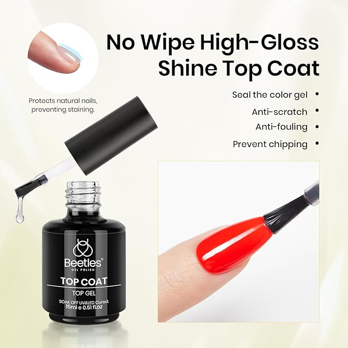 Beetles Gel Top Coat Base Coat Cuticle Oil Set, 3Pcs 15ml No Wipe Top Coat Gel Nail Polish Glossy Shine Long Lasting Cuticle Protectors Kit Oil Care for Dry Damaged Cuticles Gift for Women