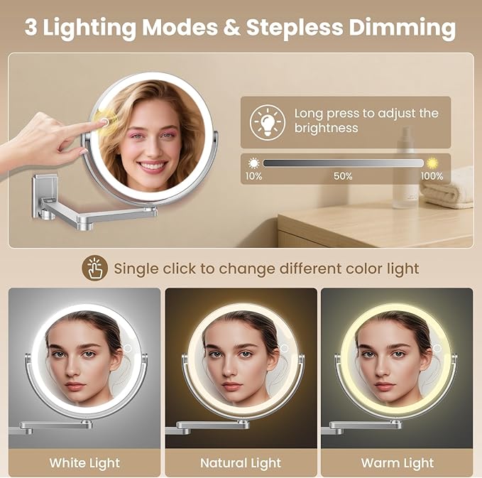 Wall Mounted Lighted Makeup Mirror - 8" Rechargeable Double Sided 20X/1X Magnifying Vanity Mirror with 3 Color Lights, Touch Dimmable, 360° Swivel & Extendable Arm for Women