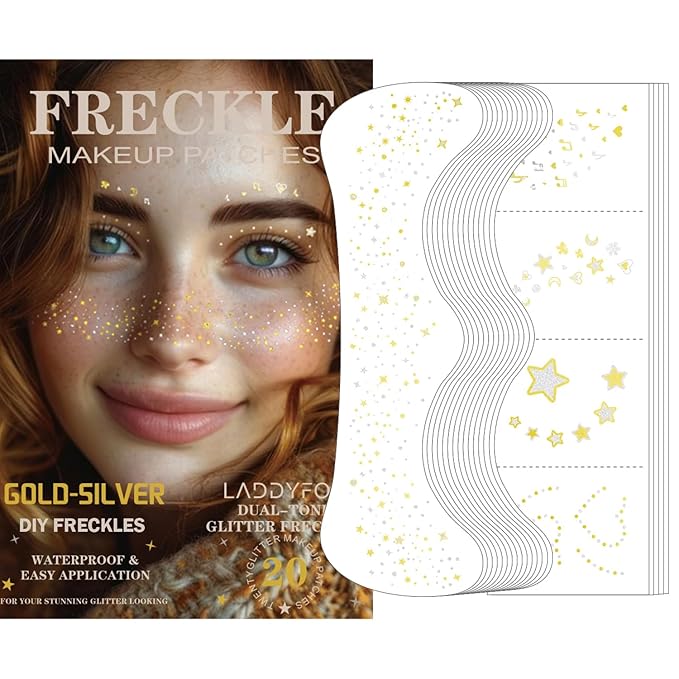 20 Pcs Gold and Silver Face Makeup Patches, Gold & Silver Glitter Freckles Face Tattoos, Gold Glitter Freckles, Sparkle Makeup Patches, Waterproof Face Glitter Patches for Women