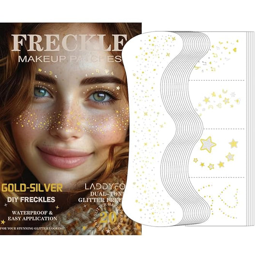 20 Pcs Gold and Silver Face Makeup Patches, Gold & Silver Glitter Freckles Face Tattoos, Gold Glitter Freckles, Sparkle Makeup Patches, Waterproof Face Glitter Patches for Women