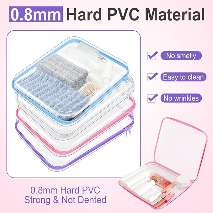 Hoolerry 4 Pcs Hard Clear Zipper Case Makeup Bags Plastic Pencil Pouch Transparent Storage Box Containers for Cosmetics, Snacks, Building Blocks, Puzzles(Multicolor,13.8 x 11.8 x 2 in)