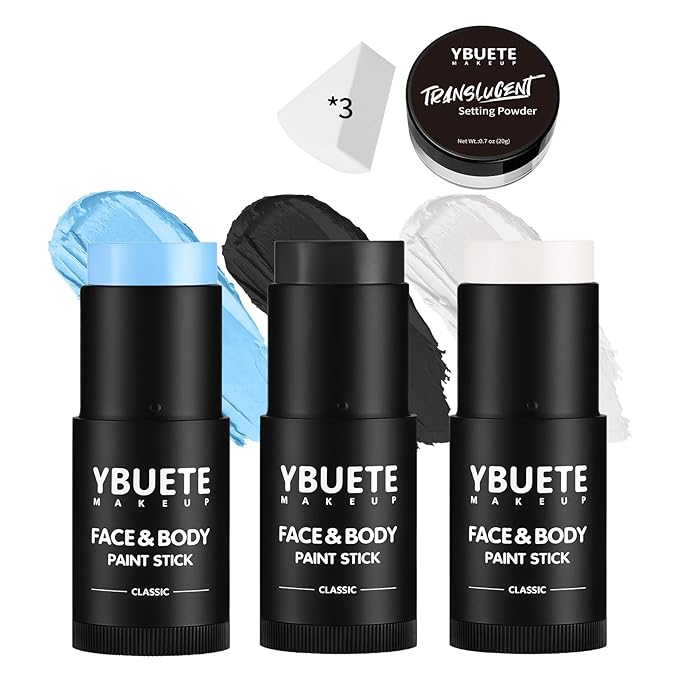 Black White Light Blue Face Body Paint Stick Set with Translucent Setting Powder and Sponges, Professional Full Coverage Face Painting for Adult Halloween Cosplay SFX Corpse Bride Skull Makeup