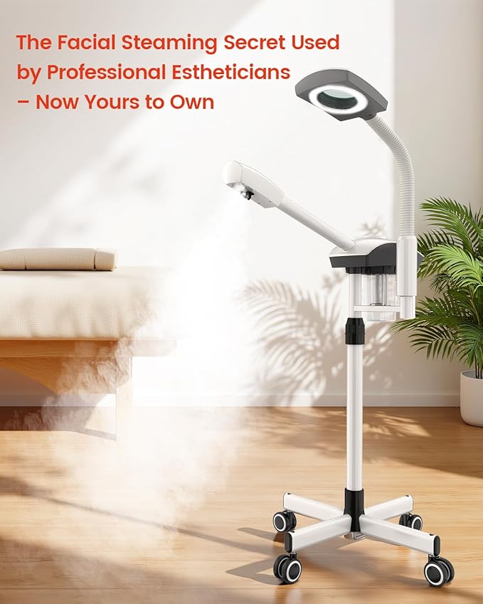 Kingsteam 2-in-1 Salon Grade Professional Facial Steamer with 5X Magnifying Lamp,Esthetician Steamer for Women,Hot Mist Face Steame: 2 Adjustable Steam Levels, 60 Min Timer & 3-Level LED Light, White