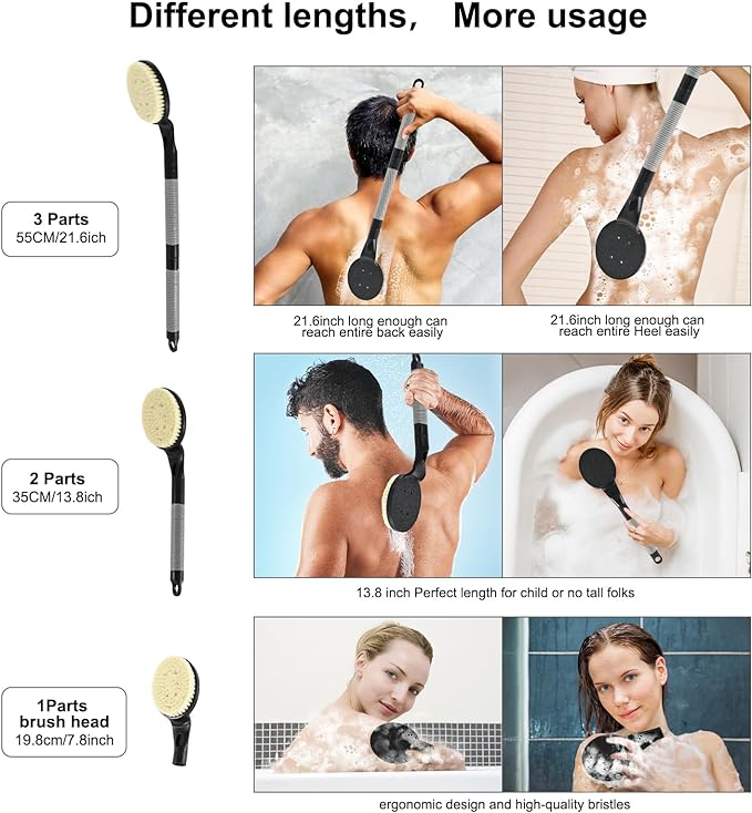 Back Scrubber Anti Slip for Shower, 21.7” Detachable Back Bath Brush for Shower, Back Scrubber, Exfoliation and Improved Skin Health for Elderly with Limited Arm Movement, Disabled (21.7” Black)