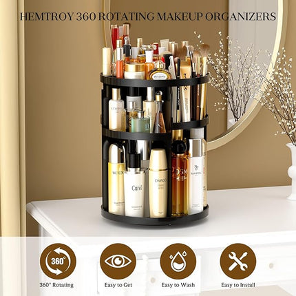 Makeup Organizer 360 rotating, Adjustable Skincare Organizers with Brush Holder, Cosmetics Display Cases for Vanity Bathroom Countertop Large Capacity Carousel Make up Caddy Shelf (Black)