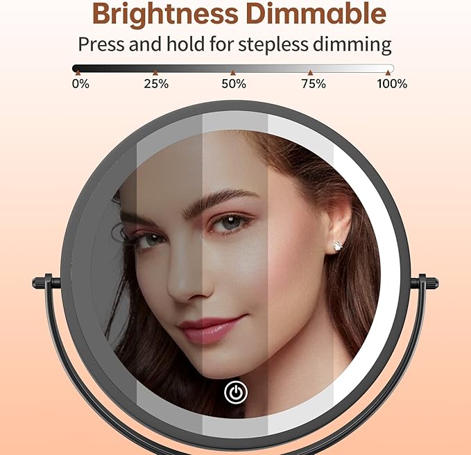 Benbilry 8 Inch Lighted Makeup Vanity Mirror with 3 Color Dimmable Lights, 1X/10X Magnifying Rechargeable Double Sided Light Up Cosmetic Mirror, 360° Swivel Cordless Standing, Black