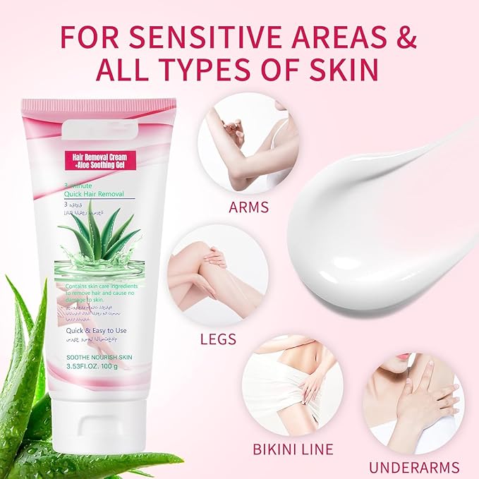 Hair Removal Cream for Women, Aloe Vera Depilatory Cream for Intimate Areas and Pubic Area-Hair Removal for Body Legs Arms Underarms Bikini, Gentle Formula for All Skin Type