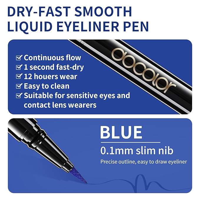 docolor Eyeliner, 2PCS Blue Liquid Eyeliner Waterproof Eye Liner Pen Super Slim Precise All Day Blue Eye Pencils Professional Makeup Liquid Eye Liner Pencil for Women