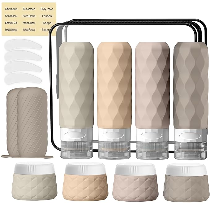 16Pack Travel Bottles for Toiletries, TSA Approved Travel Size Toiletries Containers Set, Silicone Leak Proof Refillable Bottles Elastic Sleeves Creams Jars Accessories Kit W/Clear Bag (Cream)