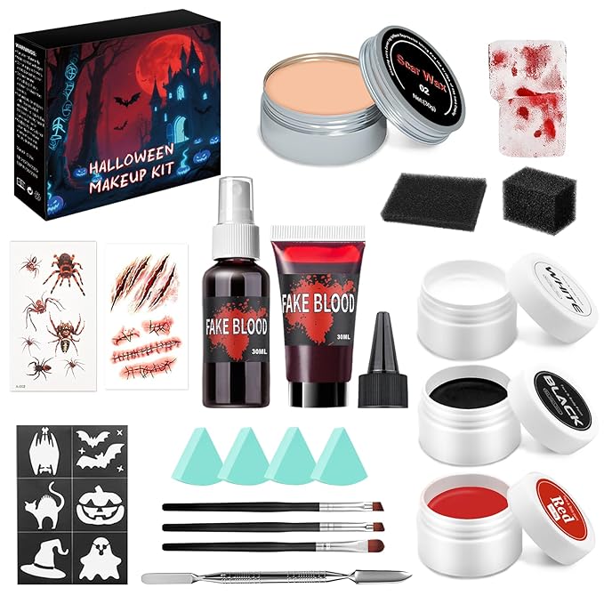 CAHIUYOA Halloween Special Effects SFX Zombie Vampire Makeup Kit,Black White Red Face body Paint with Fake Blood Spray & Gel,Scar Wax,Spatula,Brush Stipple Sponges for Halloween Cosplay Party(20PCS)