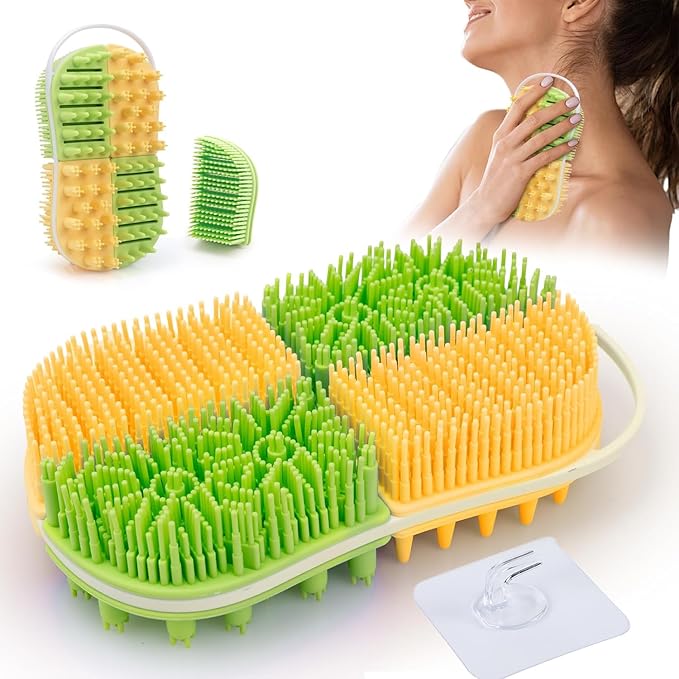 2-in-1 Silicone Body Hair Scrubber Upgraded Bristles Exfoliating Massage Shower Body Scrub Bathing Brush for All Skin No Slip Ergonomic Handle Exfoliator Silicone Loofah Easy Clean (1pc Green+Yellow)