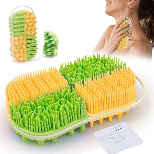 2-in-1 Silicone Body Hair Scrubber Upgraded Bristles Exfoliating Massage Shower Body Scrub Bathing Brush for All Skin No Slip Ergonomic Handle Exfoliator Silicone Loofah Easy Clean (1pc Green+Yellow)