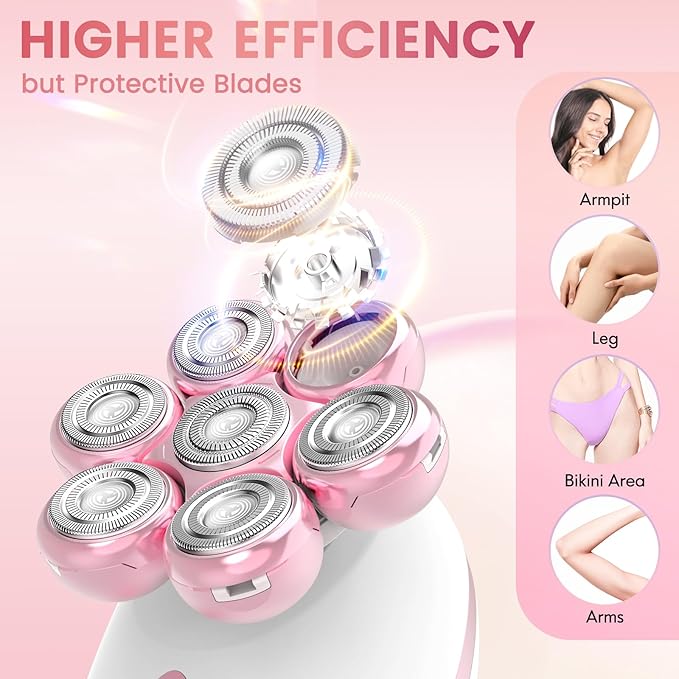 Electric Razors for Women, 7D Rotary Shaver for Legs Bikini Rechargeable, Wet/Dry Hair Removal Kit for Whole Body, Cordless Lady Trimmer Groomer, Wider Shaving Surface, Pink