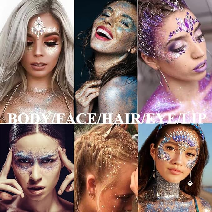 Silver Face Body Glitter Stick, Mermaid Sequins Face Glitter Gel, Singer Concerts Music Festival Rave Accessories,Holographic Chunky Glitter Makeup for Lip Eye Hair Body