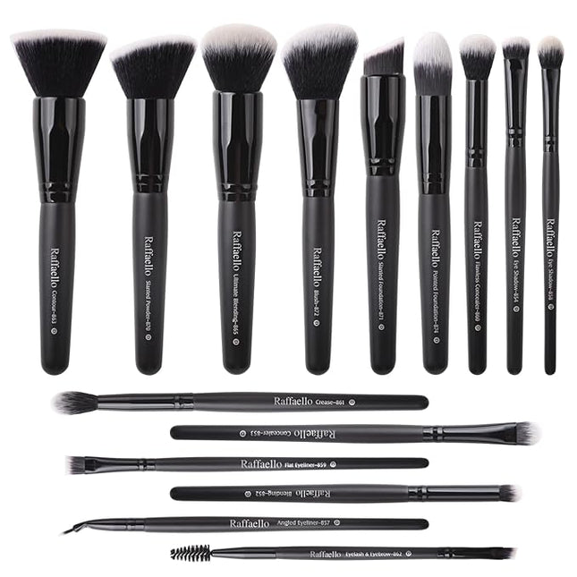 Raffaello Makeup Brushes 15Pcs Makeup Brush Set Premium Synthetic Powder Foundation Contour Blush Concealer Eye Shadow Blending Liner Make Up Brush Kit