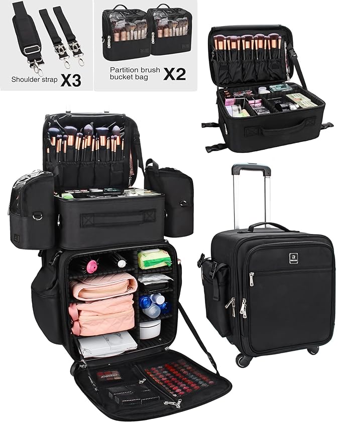 Relavel Rolling Makeup Case Professional Makeup Train Case Makeup Artist Travel Organizer 5 in 1 with Detachable Cosmetic Case and Dual Makeup Brush Case and Wheels (Black, 4-Pack)