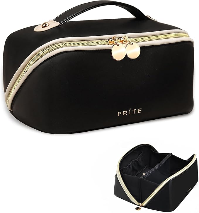 Prite Makeup Bag for Women Travel Waterproof Vegan Leather Cosmetic Bag Open Flat Toiletry Bag With Clear Divider and Handle (Black)