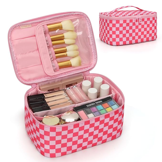 OCHEAL Makeup Bag Portable Cosmetic Bag For Women, Large Capacity Travel Makeup Case Organizer, Toiletry Bag for Girls Traveling With Handle and Divider-Pink