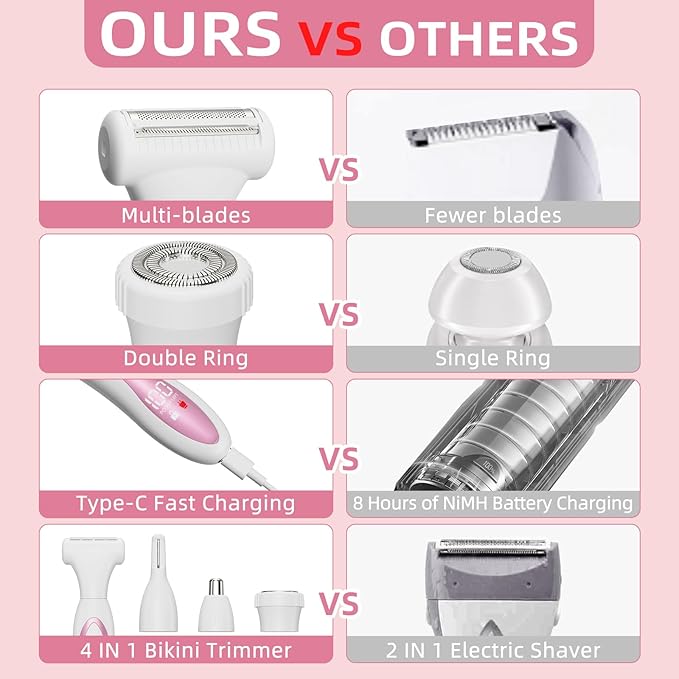 Electric Razors for Women, Painless Bikini Trimmer for Women for Silk Skin, 4-in-1 Wet/Dry Cordless Body Shaver, IPX6 Waterproof Replaceable Facial, Eyebrow, Nose Trimmer, Type-C Fast Charge, Pink