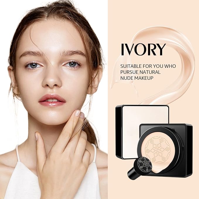 Air Cushion CC Cream - Long-Lasting Brightening Mushroom Head BB Cream Foundation for Face Makeup, Moisturizing Full Coverage Self Adjusting Concealer for Even Skin Tone (Ivory, 1 PCS)