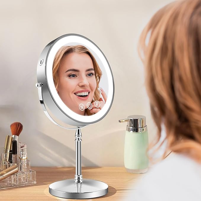 9" Large Lighted Makeup Mirror, 1X/10X Magnifying Makeup Mirror with 3 Colors Dimmable Lightning, 80 LED Lights, 360°Rotation Double Sided Standing Vanity Mirror