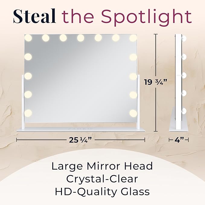 Zadro Hollywood Lighted Vanity Mirror with 15 LED Bulbs, 3 Color Light Settings, 360° Rotation Makeup Mirror Head (26" H x 20" W | 1X | White)