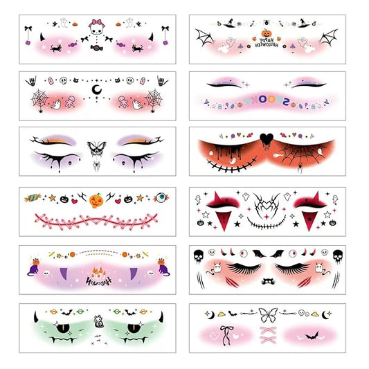 12Pcs Halloween Face Eye Shadow Temporary Tattoos Stickers for Women Girl's kids,Eye Shadow Tattoo Stickers，Halloween Cosplay Party Decorations