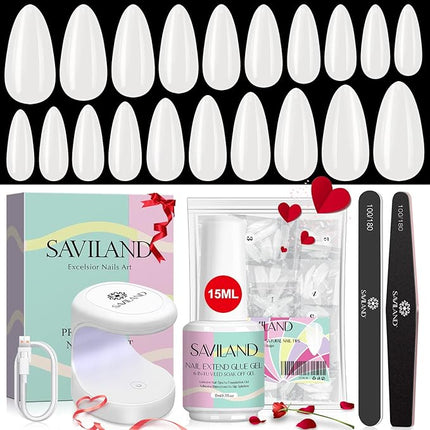 SAVILAND Gels Nail Kit Almond: Natural Nail Tips 500 Pcs and 4 In 1 Nail Glue Gel, U V/LED Nail Lamp Pre-shaped White Full Cover False Nails for Acrylic Nail Kit Nail Art DIY Salon At Home Gift