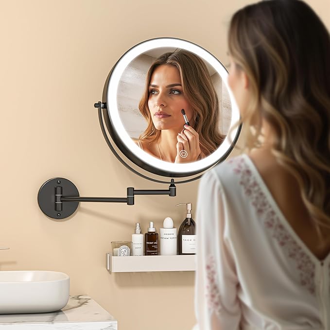 8.5" Wall Mounted Makeup Mirror with Light, 2000mAh Rechargeable Double Sided 1X / 10X Magnifying Vanity Mirror, 3 Color Lights Touch Dimmable 360° Rotation Bathroom Mirror, Black
