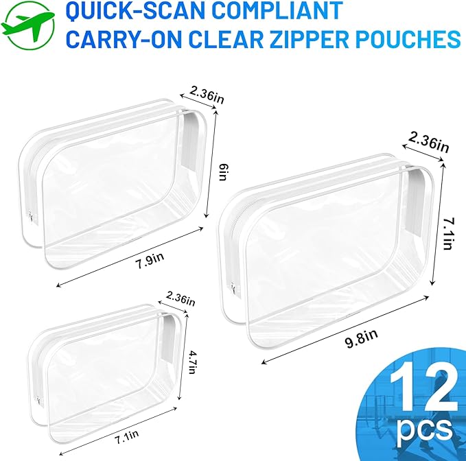 12 PCS Clear Makeup Bag for Women with Zipper, TSA Approved Toiletry Pouch, Cosmetic Bag Bulk for Travel Organizer Diaper, Toy, Gift (White)