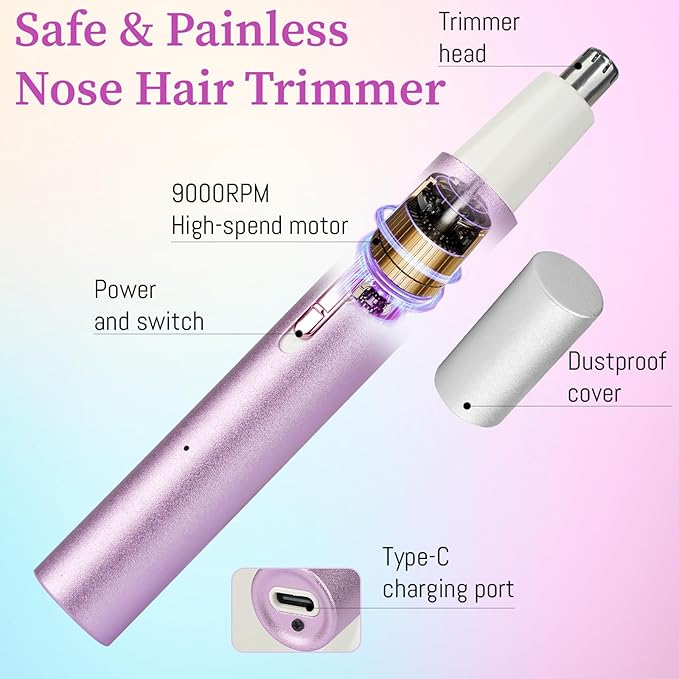 Nose and Ear Hair Trimmer for Women Men,2 in 1 Painless Eyebrow Hair Trimmer with USB Rechargeable,Portble Waterproof Facial Hair Removal with Dual-Edge Blades for Smoother Cutting (Pink)