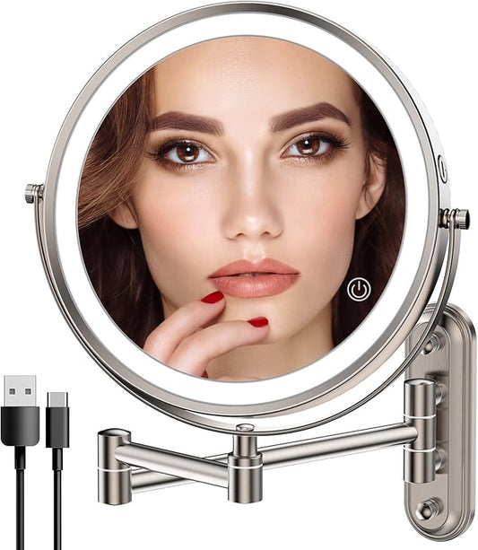 Rocollos Two-Fingers-Width Narrow Base Rechargeable Wall Mounted Lighted Makeup Mirror,3 Color Lights Dimmable Touch Screen,8 Inch LED Double Sided 1X/10X Magnifying Mirror 13 Inch Retractable