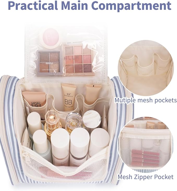 Narwey Striped Hanging Travel Toiletry Bag for Women, Travel Bag for Toiletries, Makeup Bag Organizer Cosmetic Bags Make Up Bags for Women (Greyish Blue Stripe)