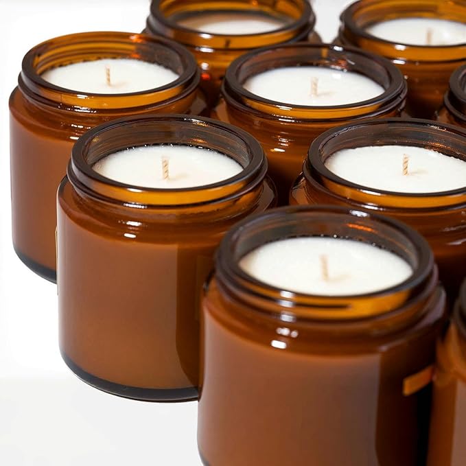 TUZAZO 4 Oz Thick Amber Round Glass Jars with Inner Lids and Black Lids, 24 Pack Small Empty Candle Making Jars/Cosmetic Containers for Lotions, Creams, Body Butters, Essential oil Beauty Products