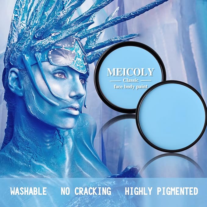MEICOLY Light Blue Face Body Paint,1.05oz Water Based Washable Pale Baby Blue Face Paint Sadness,Face Painting for Sally Avatar Scary Corpse Bride Halloween SFX Cosplay Makeup