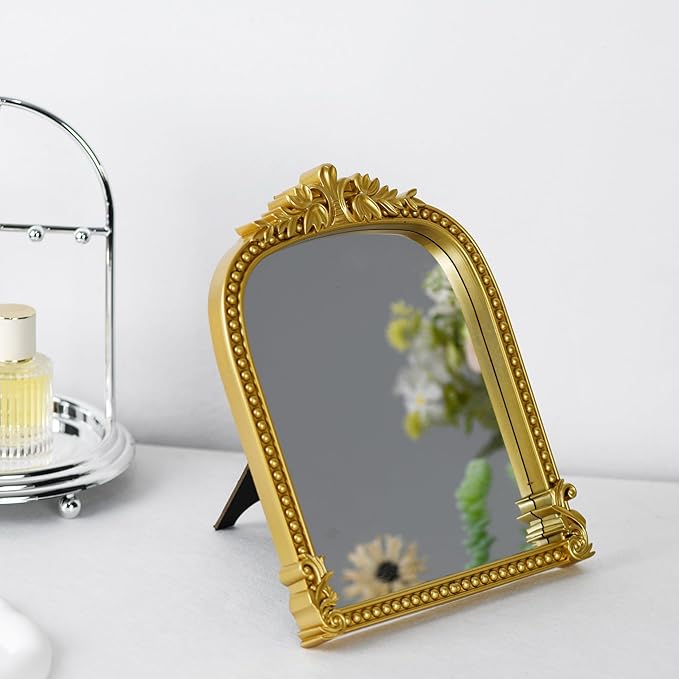 Gold Plastic Arched Makeup Mirror, Standing, Hanging or Wall Mount, Bathroom, Living Room, Bedroom Gold Decorative Mirror (10.6 * 8.6 inch)