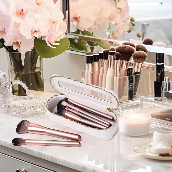 Pinkmik Makeup Brush Bag Slim Clear Makeup Bag Transparent Travel Cosmetic Case & Toiletry Bag with Zipper Small Beatuy Makeup Bag Purse Organizer for Women (White, SLIM)