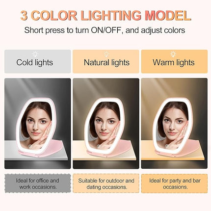 Travel Makeup Mirror with Light: 3 Color Lighting Portable Mirror with Touch Screen Rechargeable Adjustable LED Lights Hexagon Vanity Mirror for Travel, Desk, Home (Pink)