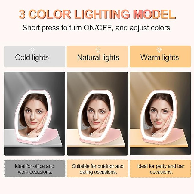 Travel Makeup Mirror with Light: 3 Color Lighting Portable Mirror with Touch Screen Rechargeable Adjustable LED Lights Hexagon Vanity Mirror for Travel, Desk, Home (Pink)