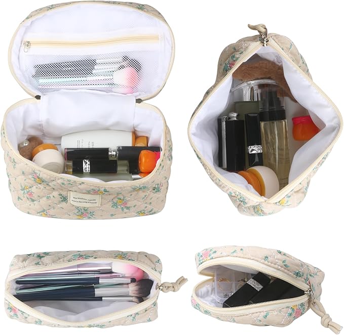VIWIME Makeup Cosmetic Bag, Large Cotton Quilted Travel Coquette Aesthetic Cute Floral Make up Bag for Women Toiletry Bag Organizer(Yellow&Red Rose/4Pcs)