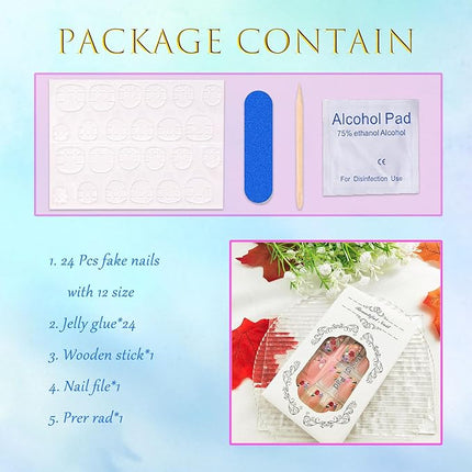 Flower Press on Nails Medium Cute Colorful 3D Flowers Fake Nails Square Acrylic Nails Press ons Colorful Floral Full Cover Glossy Spring and Summer Stick Glue on Nails for Women Girls 24 Pcs