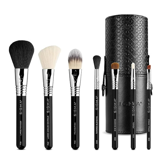 Sigma Beauty Makeup Brush Set – 7-Piece Travel Makeup Brushes for Flawless Application of Foundation Makeup, Blending, Contour, Eyeshadow & Brow Makeup – Compact & Stylish Carrying Case (8 pcs)