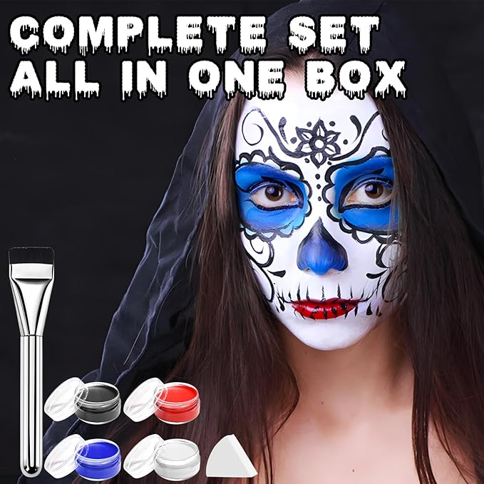 JAOJAO Clown Makeup Kit, Clown Makeup with White Blue Red Black clown Face Paint, 4 Sponges, 2 Red Nose, Painting Brushes, for Creepy Halloween Special Effects Sfx Cosplay Costume Parties